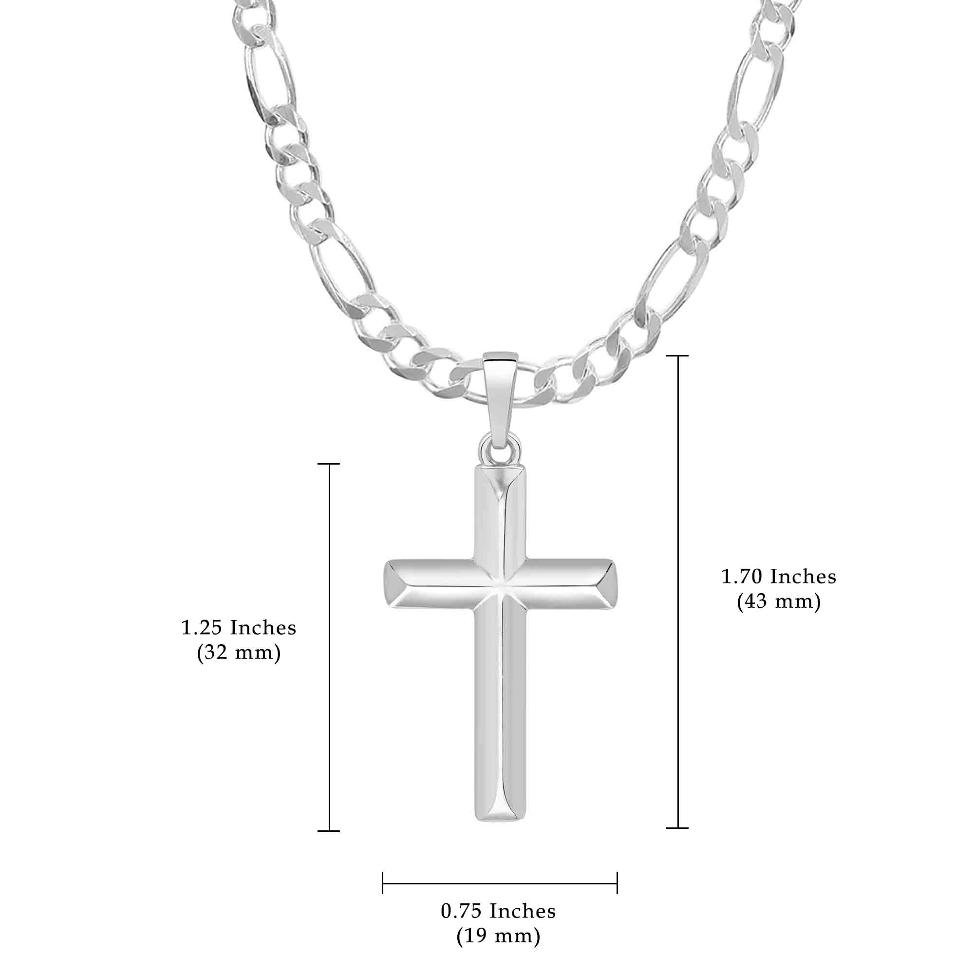 Choose Width and Length Mens Sterling Silver Cross Pendant Figaro Chain Necklace Italian Made 