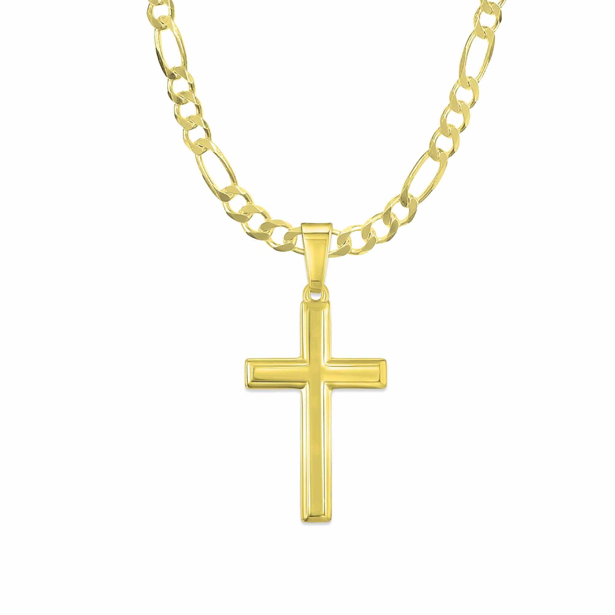 Choice of Sizes XP Jewelry 14K Gold Plated Sterling Silver INRI Crucifix Cross Pendant Figaro Chain Necklace